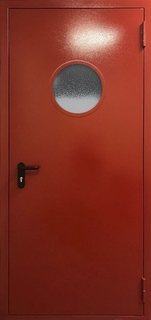 Металлическая огнестойкая дверь EI-60 с круглым окном (порошковое покрытие красного цвета)