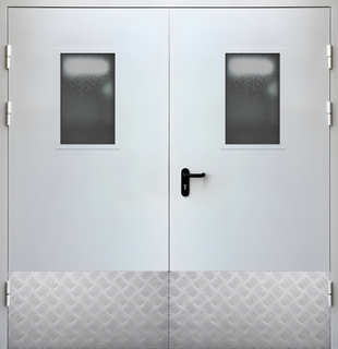 Двустворчатая пожаростойкая дверь EI-60 с остеклением и отбойными пластинами
