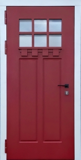 Остекленная термодверь с красной панелью и белыми наличниками (отделка МДФ) Остекленная термодверь с красной панелью и белыми наличниками (отделка МДФ)
