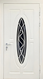 Входная термодверь с овальным стеклом и белой ковкой (МДФ с эмалью RAL)