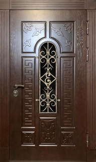 Утепленная термодверь с ковкой и стеклопакетом (фрезерованные плиты МДФ)